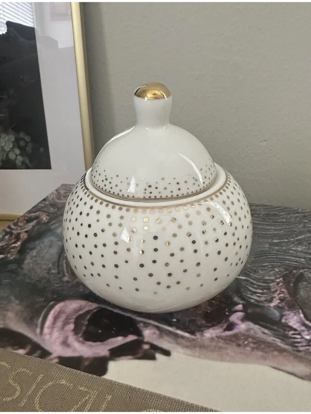 Porcelain Sugar Bowl & Lid Metallic Gold Polka Dots by Grace’s Teaware